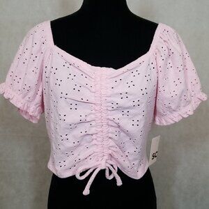 So Brand Junior Size Large Summer Shirt Pink Cinch Front Puff Sleeve Top NEW